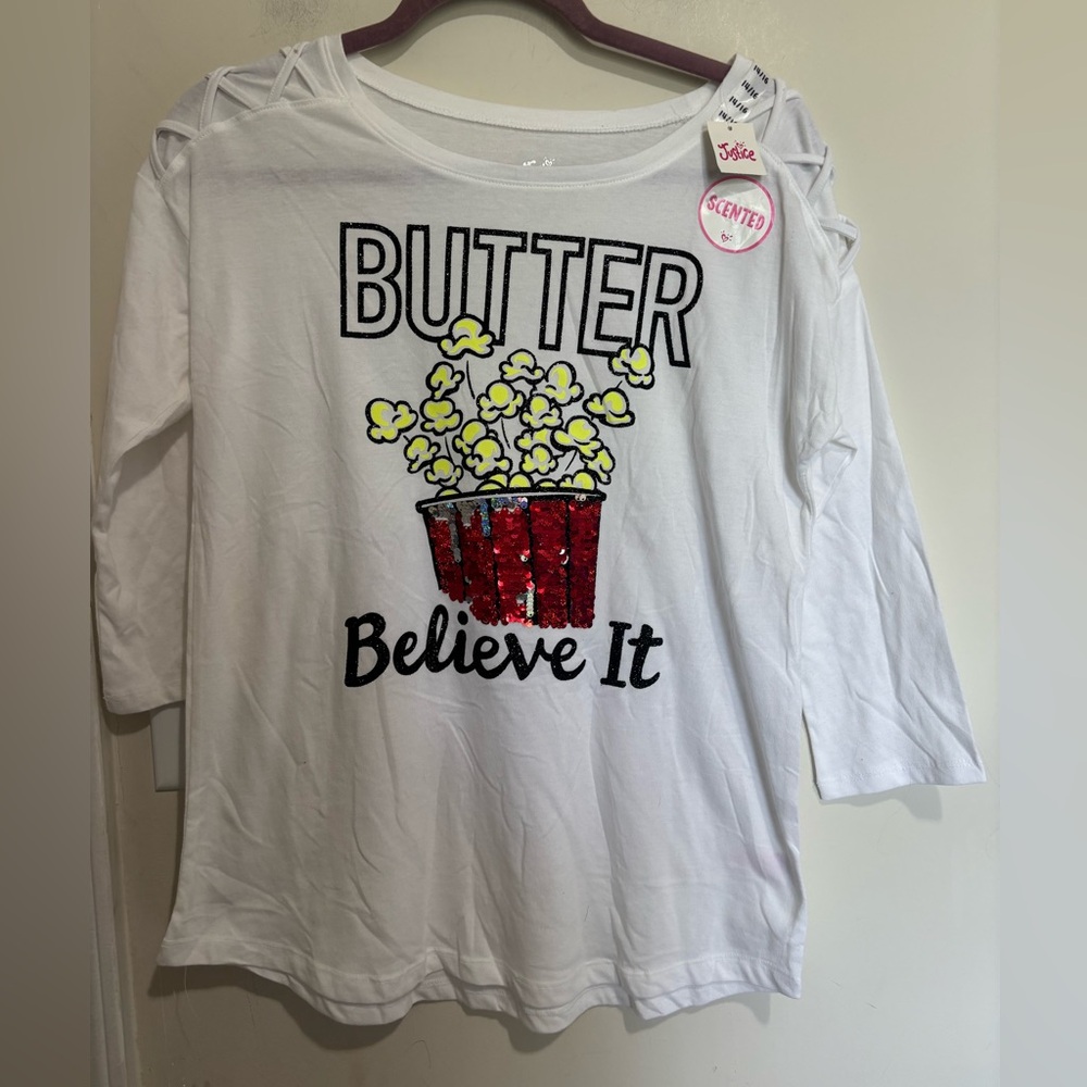 Justice White Tee with Popcorn Graphic